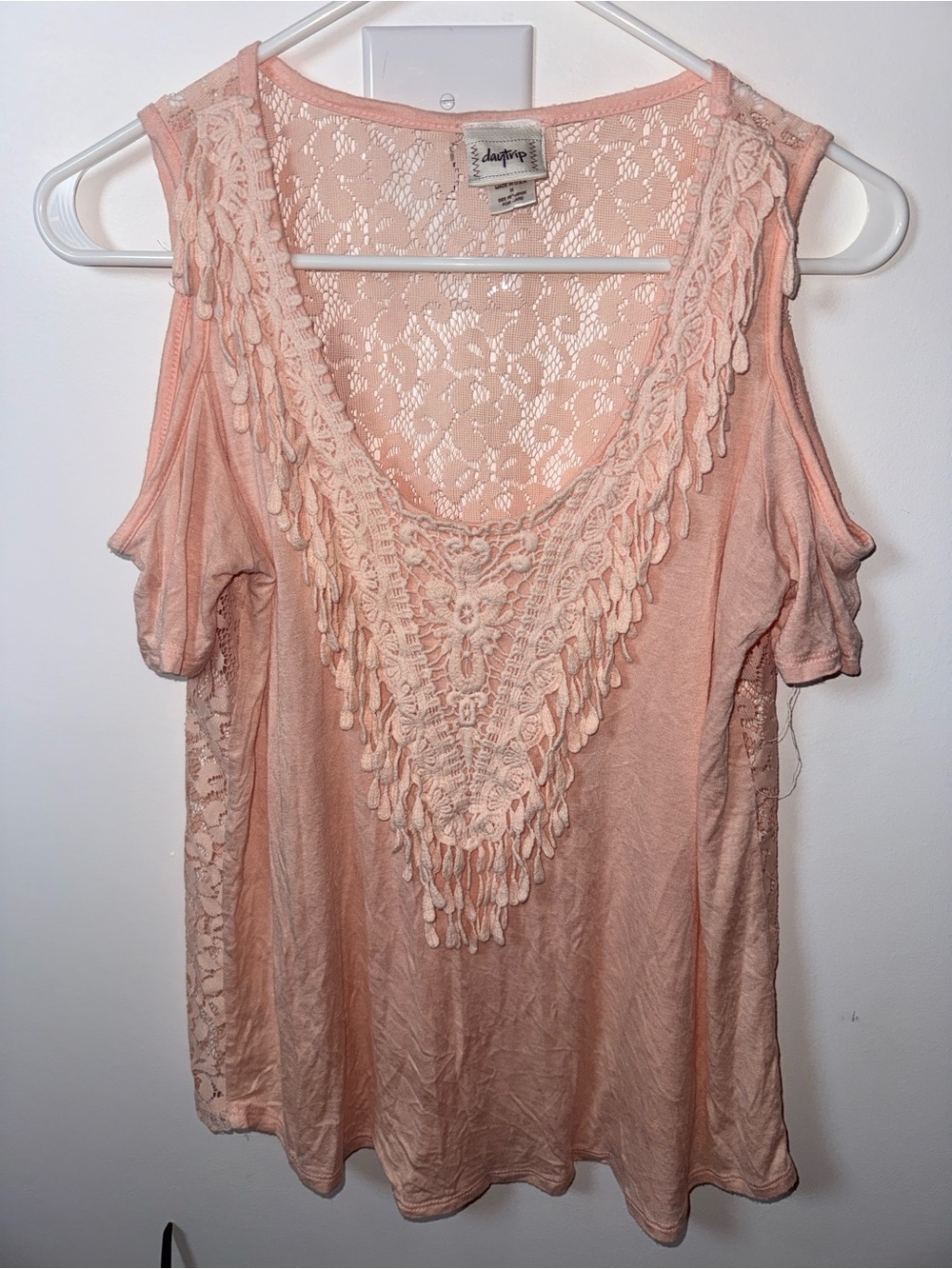 Daytrip Peach Lace Cold-Shoulder Top with Crochet Trim